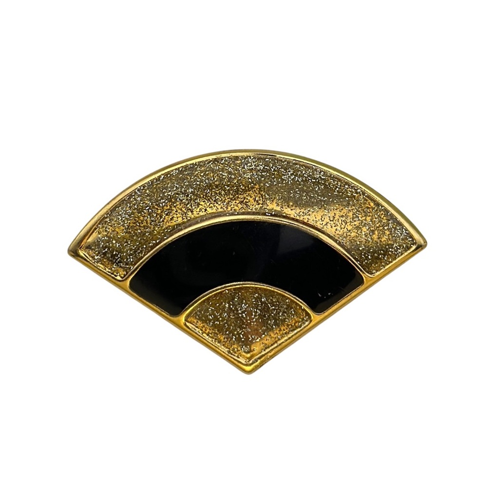 Art Deco Black Enamel Gold Tone Sparkle Glitter Fan Brooch Pin 18kt Gold Plated
